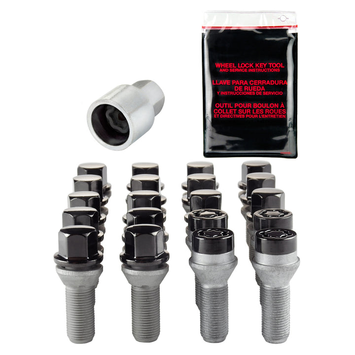 McGard 5 Lug Hex Install Kit w/Locks (Cone Seat Bolt) M14X1.5 / 17mm Hex / 28.0mm Shank L. - Black - Bull Strap