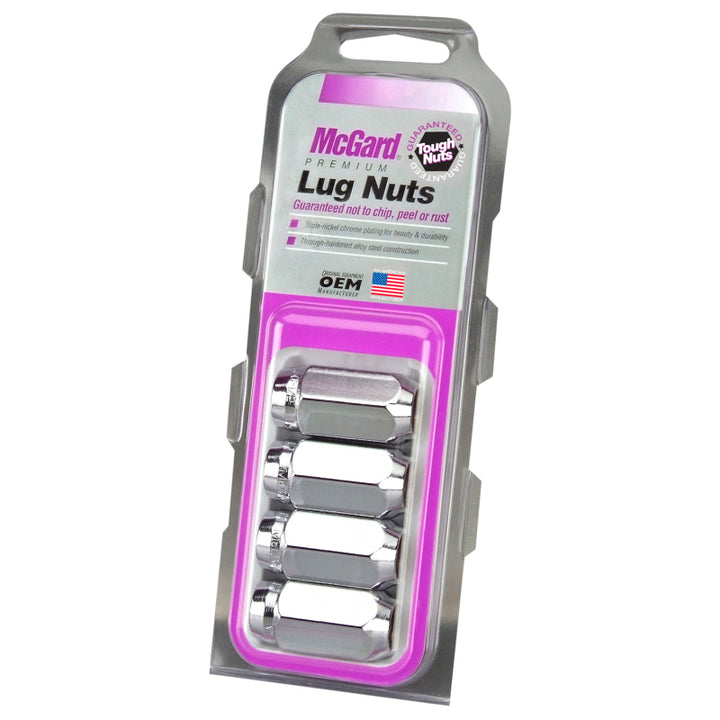 McGard Hex Lug Nut (Cone Seat) M14X1.5 / 22mm Hex / 1.635in. Length (4-Pack) - Chrome - Bull Strap