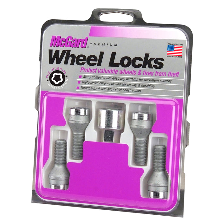 McGard Wheel Lock Bolt Set - 4pk. (Cone Seat) M14X1.5 / 19mm Hex / 31.0mm Shank Length - Chrome - Bull Strap