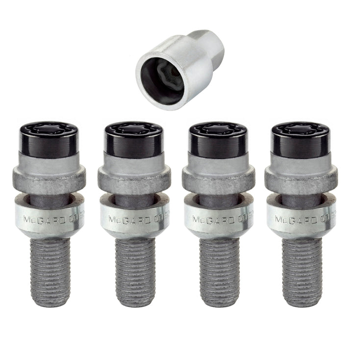 McGard Wheel Lock Bolt Set - 4pk. (Radius Seat) M14X1.5 / 17mm Hex / 28.2mm Shank Length - Black - Bull Strap