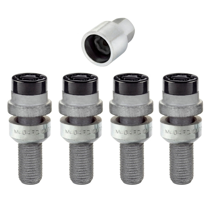 McGard Wheel Lock Bolt Set - 4pk. (Radius Seat) M14X1.5 / 17mm Hex / 28.2mm Shank Length - Black - Bull Strap