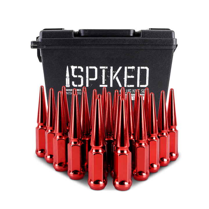 Mishimoto Mishimoto Steel Spiked Lug Nuts M14 x 1.5 24pc Set Red - Bull Strap