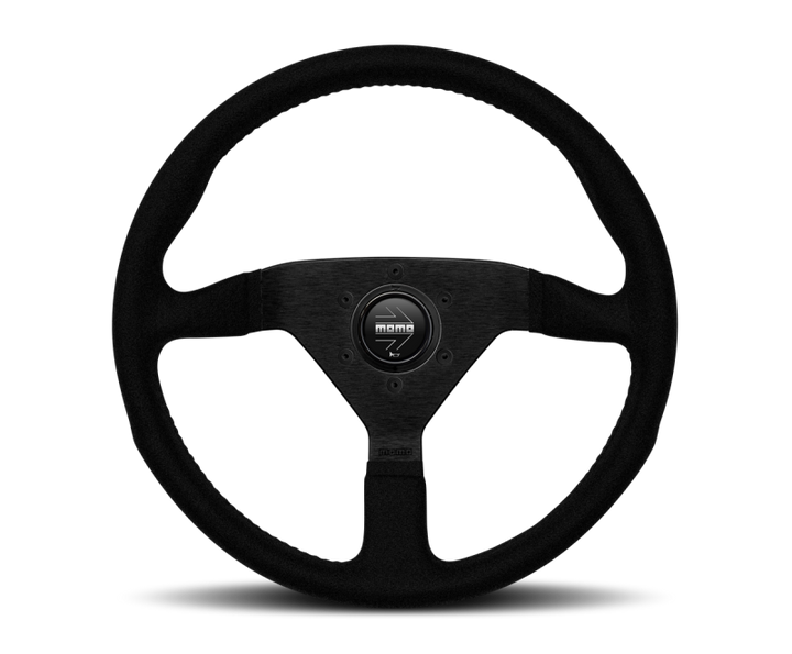 Momo Montecarlo Alcantara Steering Wheel 320 mm - Black/Black Stitch/Black Spokes - Bull Strap