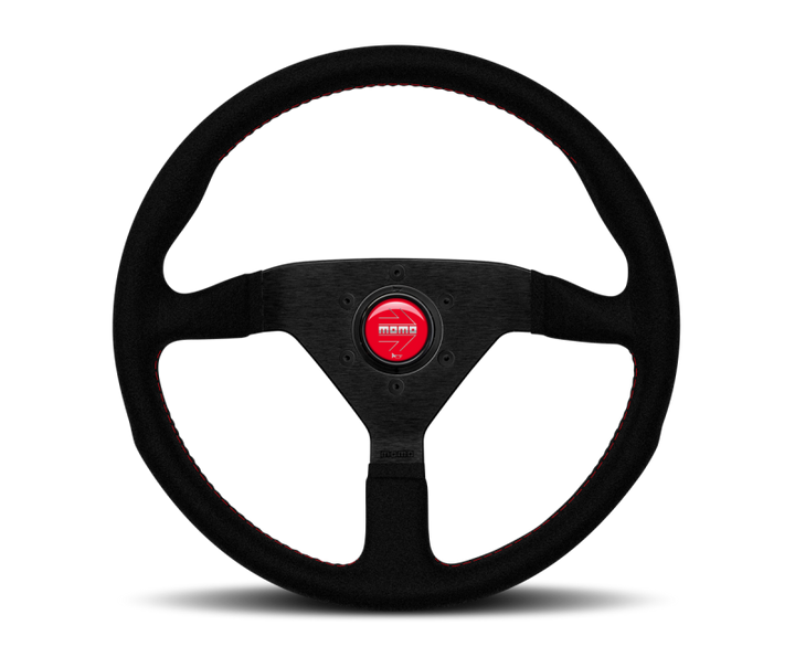 Momo Montecarlo Alcantara Steering Wheel 320 mm - Black/Red Stitch/Black Spokes - Bull Strap