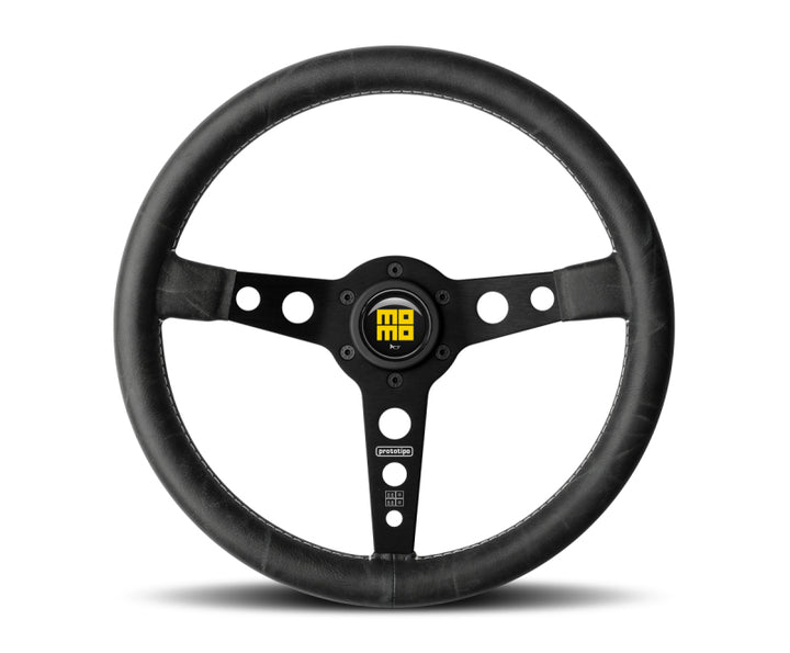 Momo Prototip Heritage Steering Wheel 350 mm - Black Leather/White Stitch/Black Spokes - Bull Strap