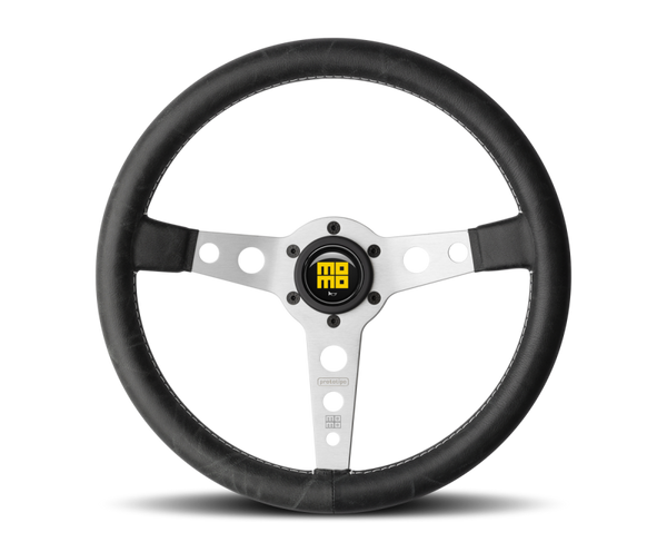 Momo Prototipo Steering Wheel 350 mm - Black Leather/White Stitch/Brshd Spokes - Bull Strap