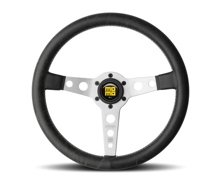 Momo Prototipo Steering Wheel 350 mm - Black Leather/White Stitch/Brshd Spokes - Bull Strap