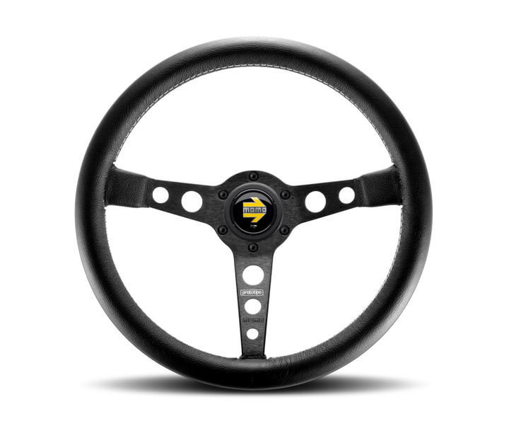 Momo Prototipo Steering Wheel 350 mm - Black Leather/Wht Stitch/Black Spokes - Bull Strap