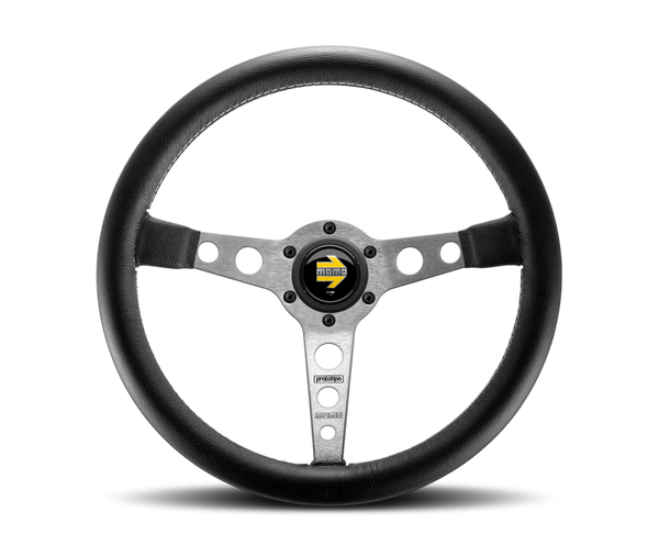 Momo Prototipo Steering Wheel 350 mm - Black Leather/Wht Stitch/Brshd Spokes - Bull Strap