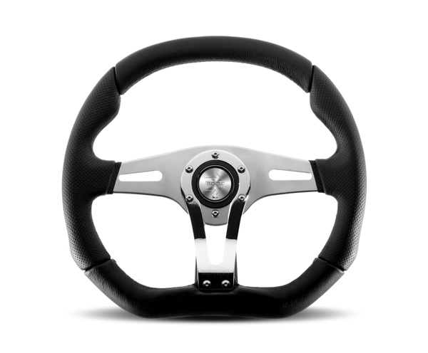 Momo Trek RSteering Wheel - Trek R/350 mm mmeter -  Black AirLeather/Brshd Al Spokes - Bull Strap