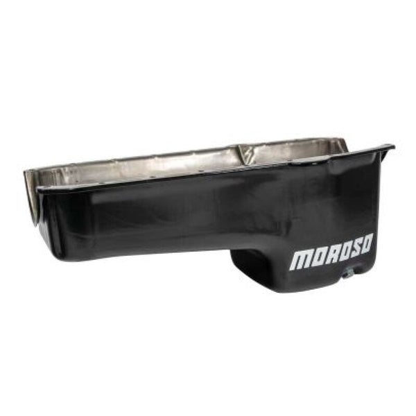 Moroso 1986+ Chevrolet SBC (w/Passenger Side Dipstick) Wet Sump 6qt 8.25in Steel Oil Pan - Black - Bull Strap