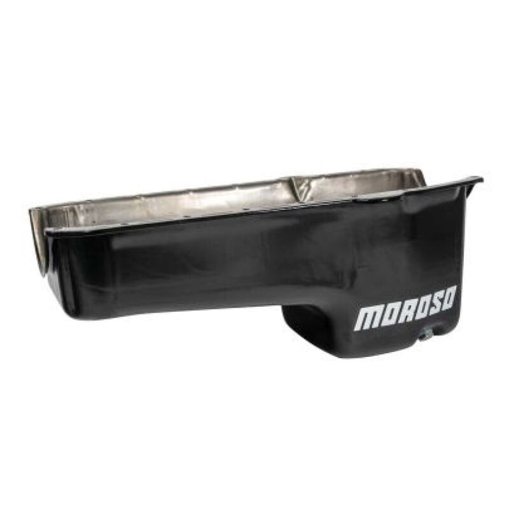 Moroso 1986+ Chevrolet SBC (w/Passenger Side Dipstick) Wet Sump 6qt 8.25in Steel Oil Pan - Black - Bull Strap