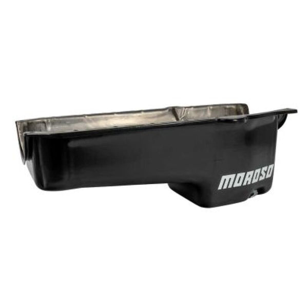Moroso 1986+ Chevrolet Small Block (w/Passenger Side Dipstick) Wet Sump 5qt 7.5in Steel Oil Pan- Blk - Bull Strap