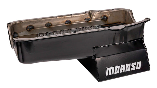 Moroso 80-85 Chevrolet SBC (w/Passenger Side Dipstick) Wet Sump 7qt 8.25in Steel Oil Pan - Black - Bull Strap