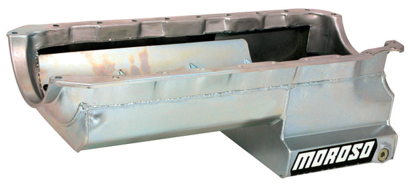 Moroso Chevrolet Big Block Mark IV Drag Race Baffled Power Pouch Wet Sump 6-7qt 8in Steel Oil Pan - Bull Strap