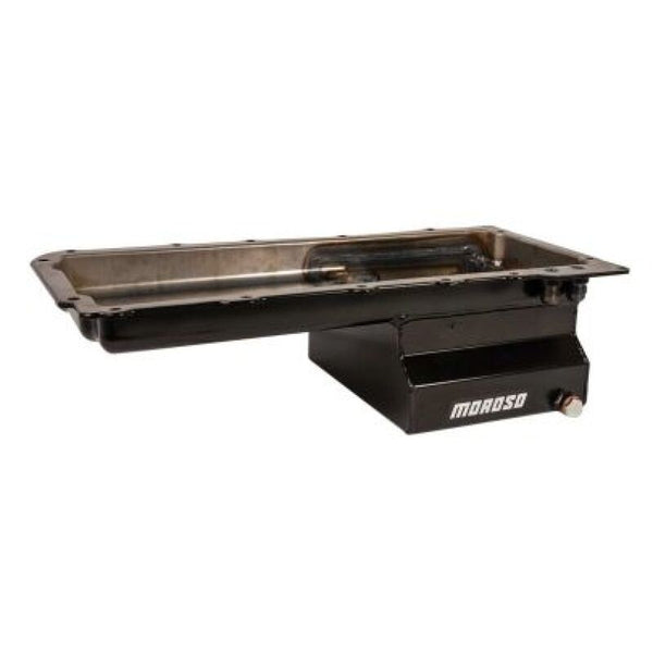 Moroso GM LS Swap (w/Rear Sump & Two -10An Fittings) Wet Sump 7qt 6in Baffled Steel Oil Pan - Black - Bull Strap