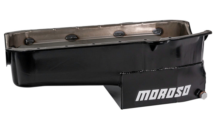 Moroso Pre-80 Chevrolet SBC (w/Driver Side Dipstick) Wet Sump 7qt 7.5in Steel Oil Pan - Black - Bull Strap