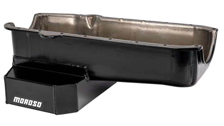 Moroso Pre-80 Chevrolet SBC (w/Driver Side Dipstick) Wet Sump 7qt 7.5in Steel Oil Pan - Black - Bull Strap
