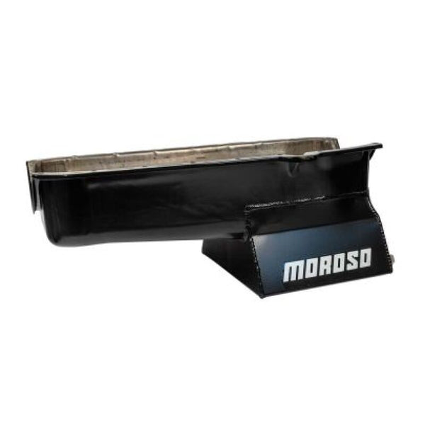 Moroso Pre-80 Chevrolet SBC (w/Driver Side Dipstick) Wet Sump 7qt 8.25in Steel Oil Pan - Black - Bull Strap