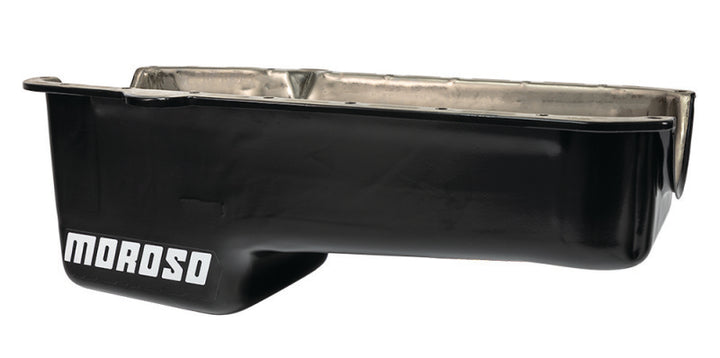 Moroso Pre-80 Chevrolet Small Block (w/Driver Side Dipstick) Wet Sump 5qt 7.5in Steel Oil Pan - Blk - Bull Strap