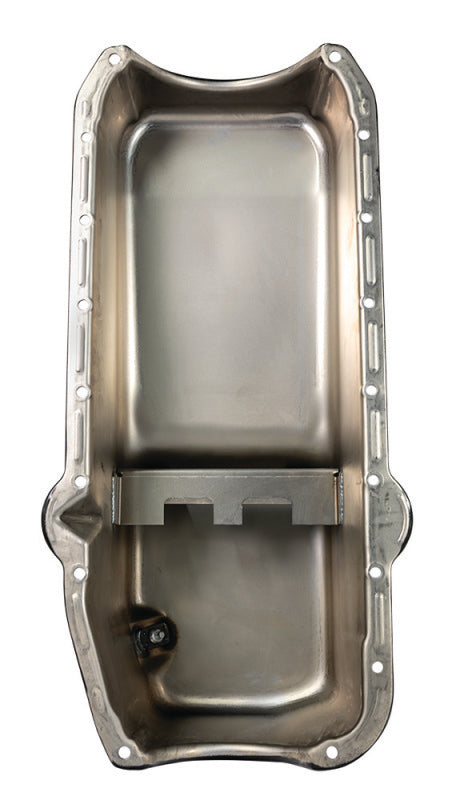 Moroso Pre-80 Chevrolet Small Block (w/Driver Side Dipstick) Wet Sump 5qt 7.5in Steel Oil Pan - Blk - Bull Strap
