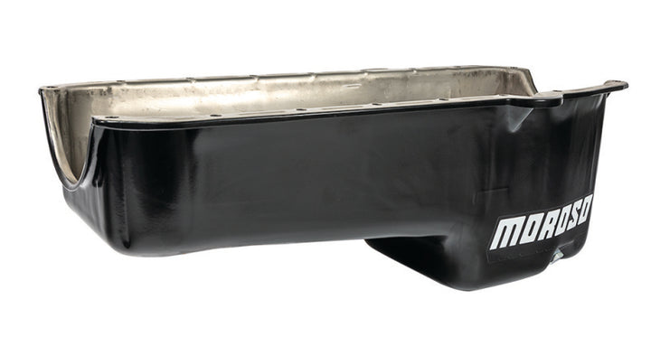 Moroso Pre-80 Chevrolet Small Block (w/Driver Side Dipstick) Wet Sump 5qt 7.5in Steel Oil Pan - Blk - Bull Strap