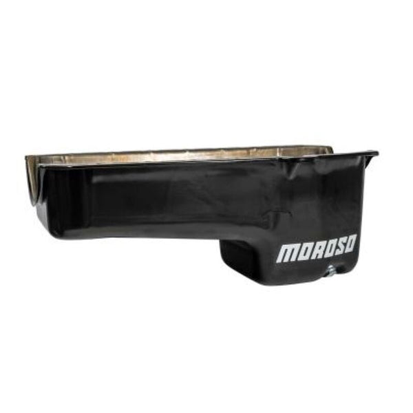 Moroso Pre-80 Chevrolet Small Block (w/Driver Side Dipstick) Wet Sump 6qt 8.25in Steel Oil Pan - Blk - Bull Strap