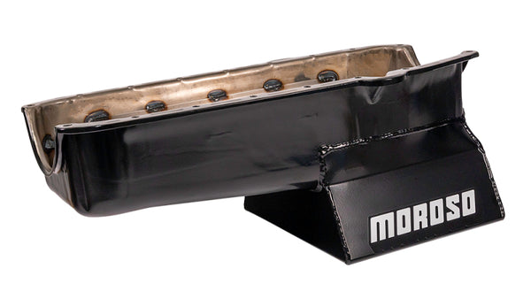 Moroso Pre-80 Chevrolet Small Block (w/Driver Side Dipstick) Wet Sump 7qt 8.25in Steel Oil Pan -Blk - Bull Strap