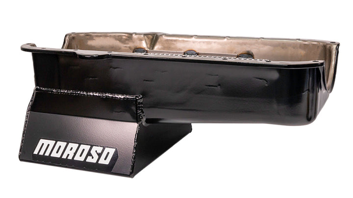 Moroso Pre-80 Chevrolet Small Block (w/Driver Side Dipstick) Wet Sump 7qt 8.25in Steel Oil Pan -Blk - Bull Strap