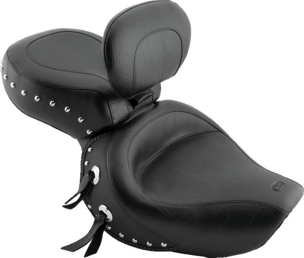 Mustang 00-08 Honda VT1100 Sabre,97-08 Spirit,87-97 Shadow Wide Touring 1PC Seat w/Studs - Black - Bull Strap