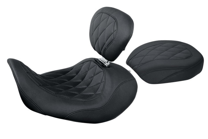 Mustang 06-17 Harley Dyna Wide Tripper Forward Passenger Seat Diamond Stitch - Black - Bull Strap