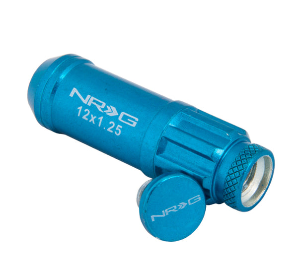 NRG 700 Series M12 X 1.25 Steel Lug Nut w/Dust Cap Cover Set 21 Pc w/Locks & Lock Socket - Blue - Bull Strap