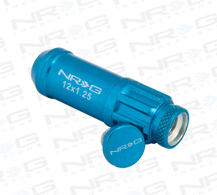 NRG 700 Series M12 X 1.25 Steel Lug Nut w/Dust Cap Cover Set 21 Pc w/Locks & Lock Socket - Blue - Bull Strap