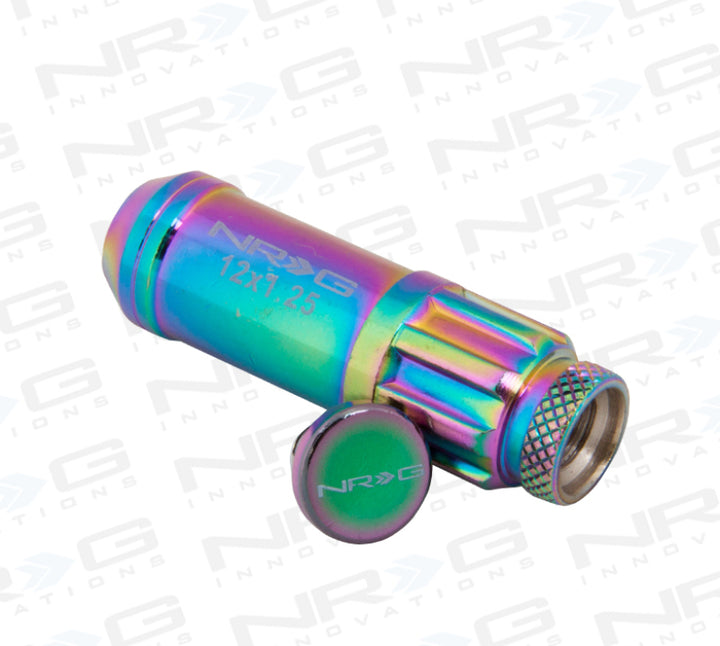 NRG 700 Series M12 X 1.25 Steel Lug Nut w/Dust Cap Cover Set 21 Pc w/Locks & Lock Socket - Neochrome - Bull Strap