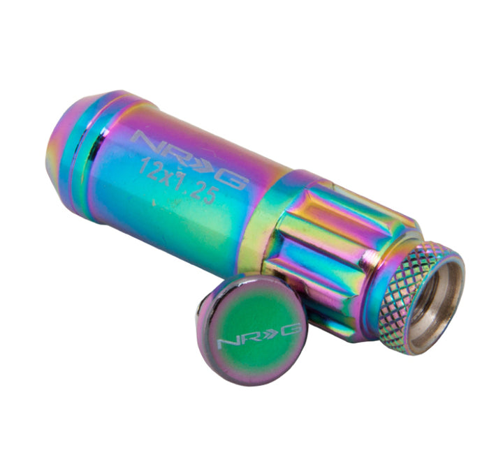 NRG 700 Series M12 X 1.25 Steel Lug Nut w/Dust Cap Cover Set 21 Pc w/Locks & Lock Socket - Neochrome - Bull Strap