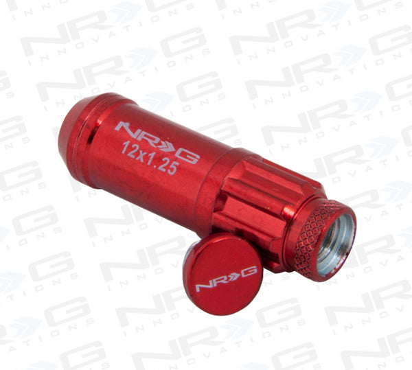 NRG 700 Series M12 X 1.25 Steel Lug Nut w/Dust Cap Cover Set 21 Pc w/Locks & Lock Socket - Red - Bull Strap
