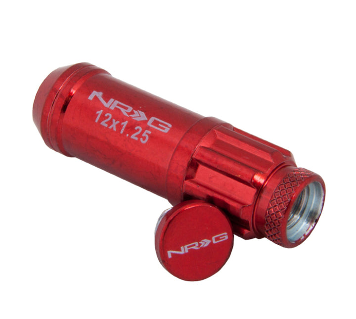 NRG 700 Series M12 X 1.25 Steel Lug Nut w/Dust Cap Cover Set 21 Pc w/Locks & Lock Socket - Red - Bull Strap