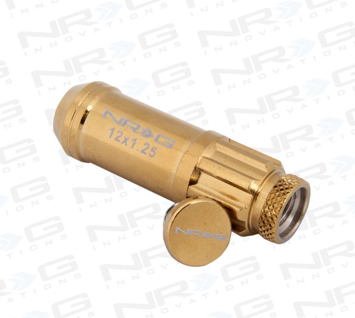 NRG 700 Series M12 X 1.25 Steel Lug Nut w/Dust Cap Cover Set 21 Pc w/Locks & Socket - Chrome Gold - Bull Strap