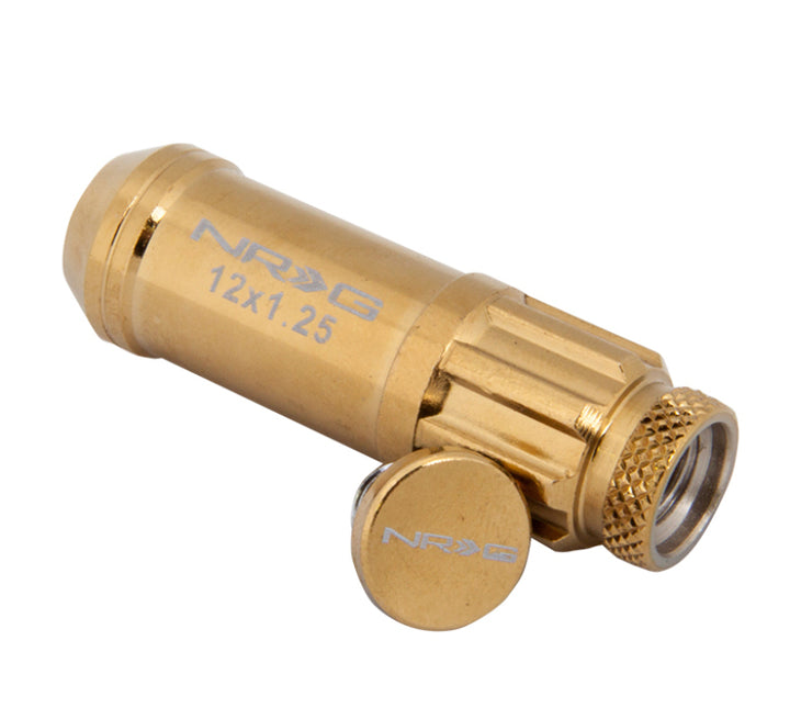 NRG 700 Series M12 X 1.25 Steel Lug Nut w/Dust Cap Cover Set 21 Pc w/Locks & Socket - Chrome Gold - Bull Strap
