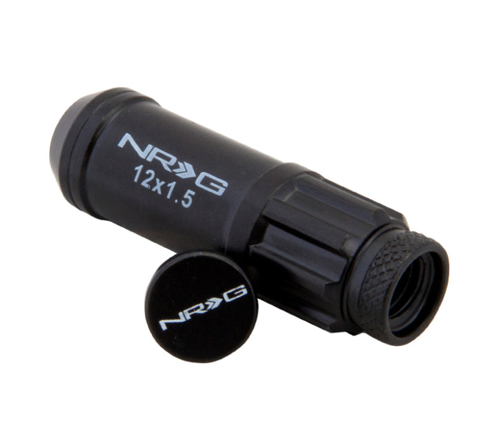 NRG 700 Series M12 X 1.5 Steel Lug Nut w/Dust Cap Cover Set 21 Pc w/Locks & Lock Socket - Black - Bull Strap