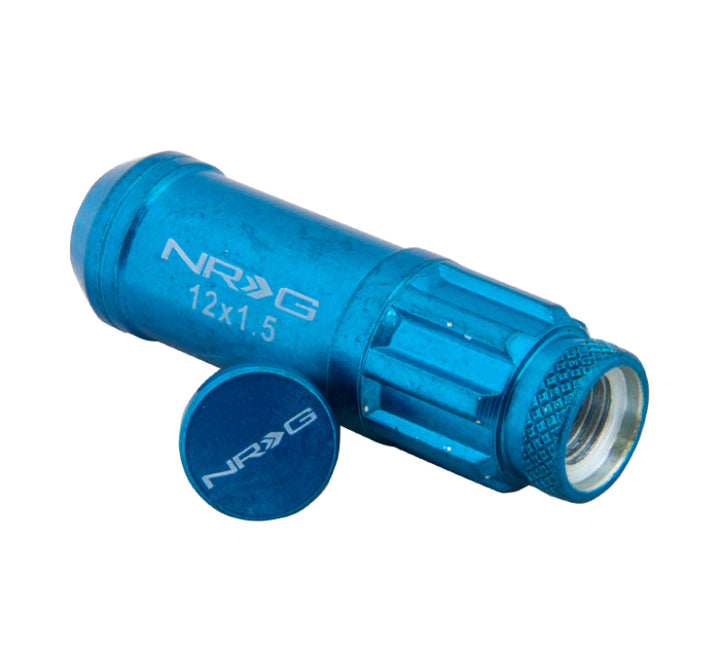 NRG 700 Series M12 X 1.5 Steel Lug Nut w/Dust Cap Cover Set 21 Pc w/Locks & Lock Socket - Blue - Bull Strap