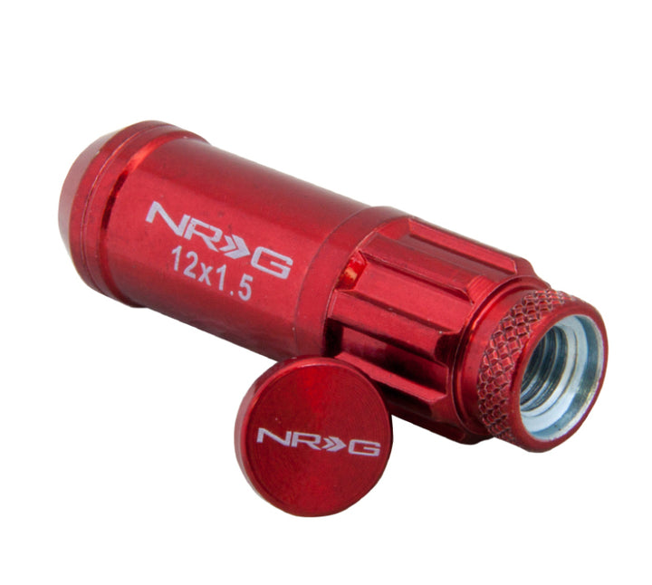 NRG 700 Series M12 X 1.5 Steel Lug Nut w/Dust Cap Cover Set 21 Pc w/Locks & Lock Socket - Red - Bull Strap