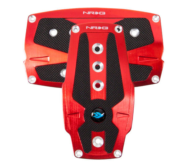 NRG Brushed Aluminum Sport Pedal A/T - Red w/Black Rubber Inserts - Bull Strap
