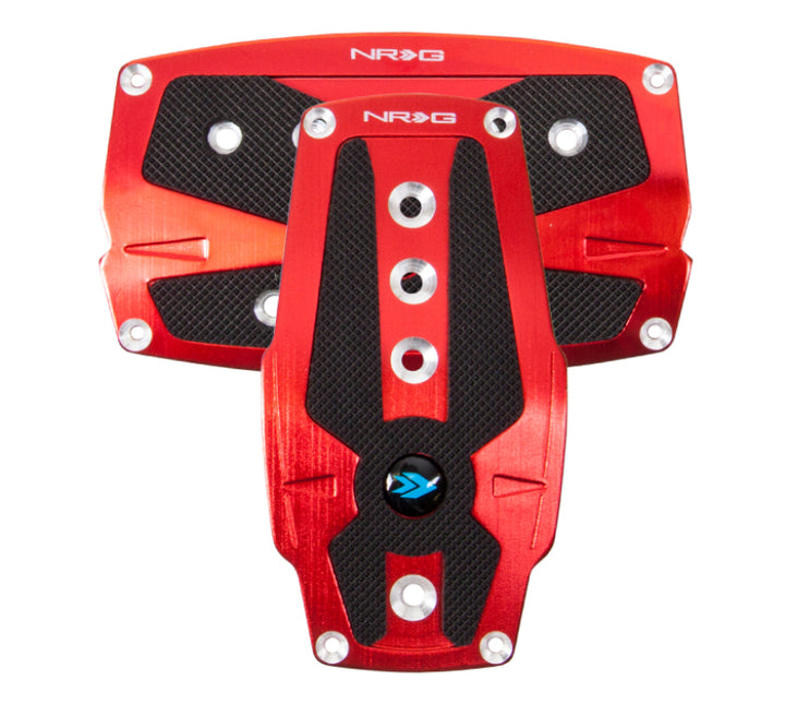 NRG Brushed Aluminum Sport Pedal A/T - Red w/Black Rubber Inserts - Bull Strap