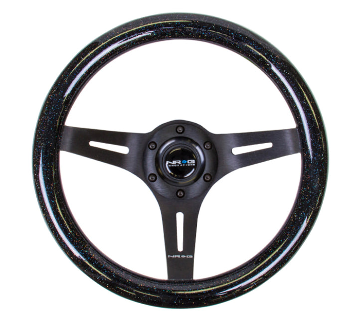 NRG Classic Wood Grain Steering Wheel (310mm) Black Sparkle w/Blk 3-Spoke Center - Bull Strap