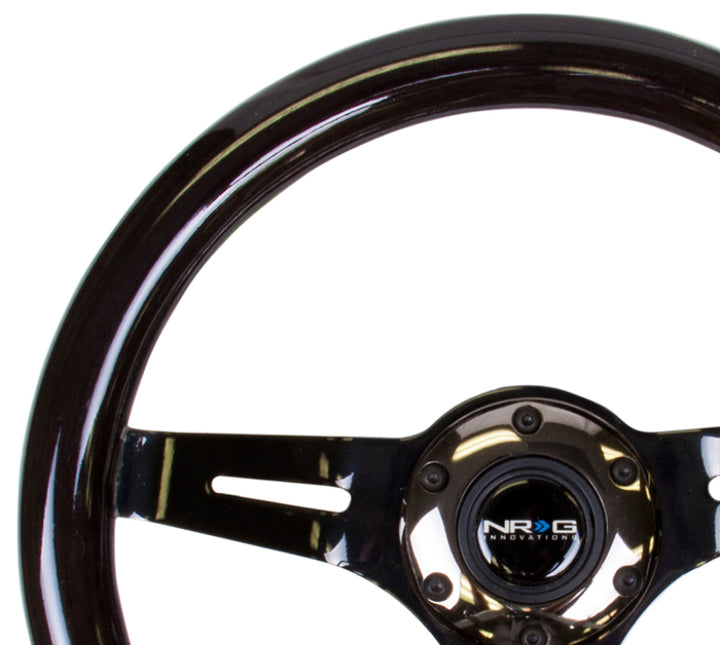 NRG Classic Wood Grain Steering Wheel (310mm) Black w/Black Chrome 3-Spoke Center - Bull Strap