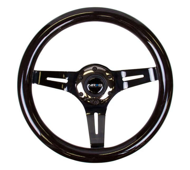 NRG Classic Wood Grain Steering Wheel (310mm) Black w/Black Chrome 3-Spoke Center - Bull Strap
