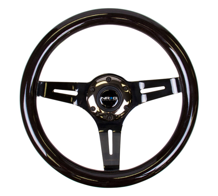NRG Classic Wood Grain Steering Wheel (310mm) Black w/Black Chrome 3-Spoke Center - Bull Strap