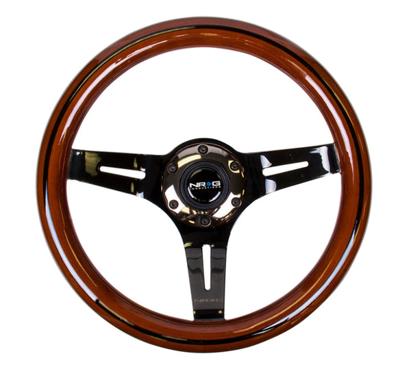 NRG Classic Wood Grain Steering Wheel (310mm) Dark Wood & Black Line Inlay w/Blk Chrome 3-Spoke Ctr. - Bull Strap
