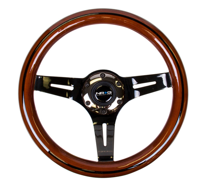 NRG Classic Wood Grain Steering Wheel (310mm) Dark Wood & Black Line Inlay w/Blk Chrome 3-Spoke Ctr. - Bull Strap